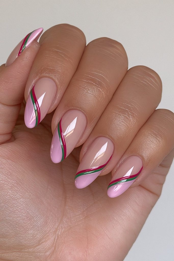 Red green negative-space Christmas nails