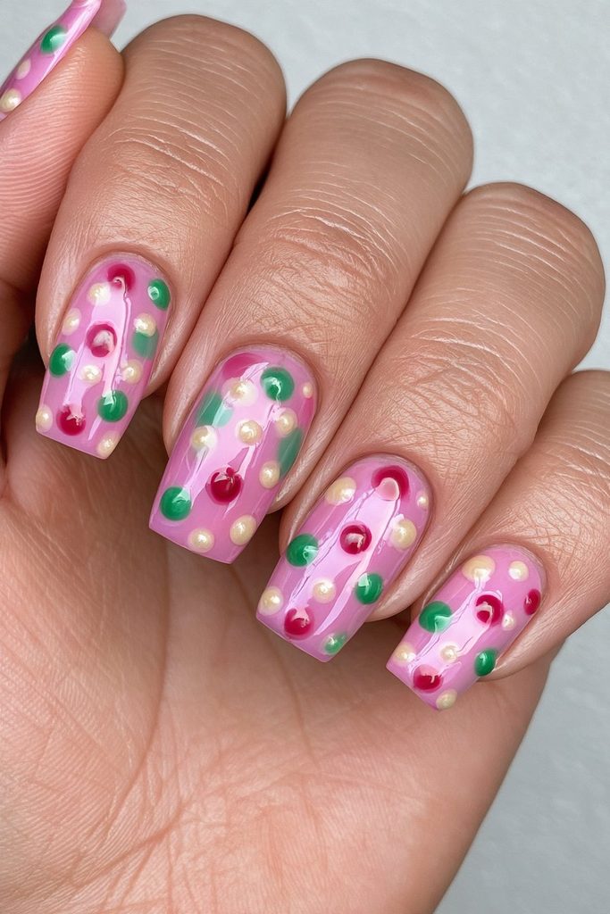 Red green polka dot Christmas nails