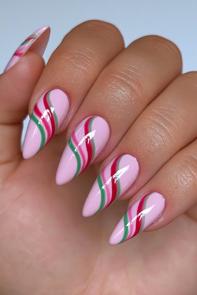 Red green swirl Christmas nail art