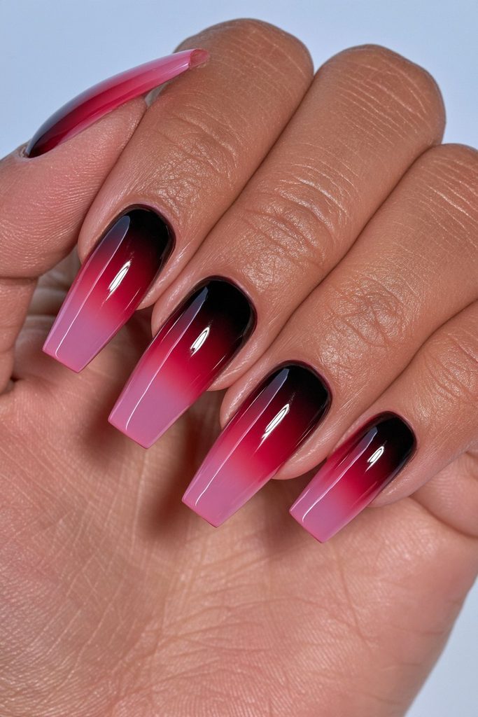 Red-to-black ombré spooky nail fade