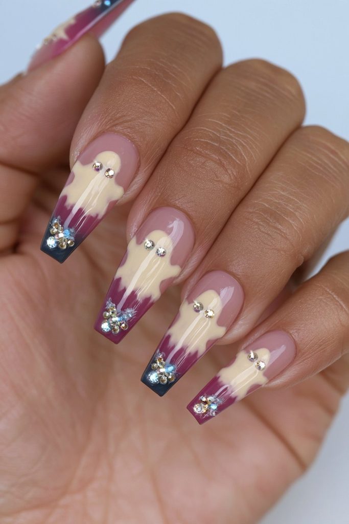 Rhinestone-eyed ghost coffin nail design