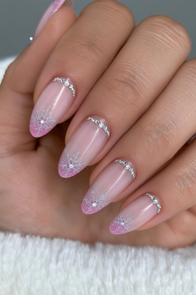 20 Glamorous Snowflake Nail Ideas to Sparkle Through Winter 6 Rhinestone snowflake French tip nails