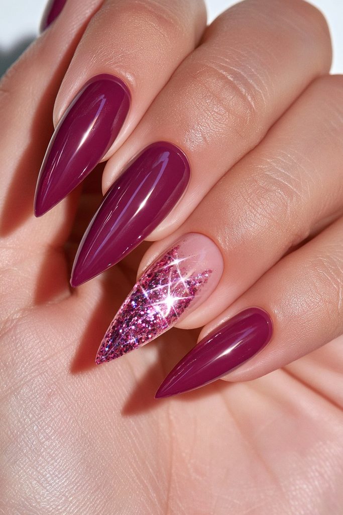 Ruby red stiletto accent nail