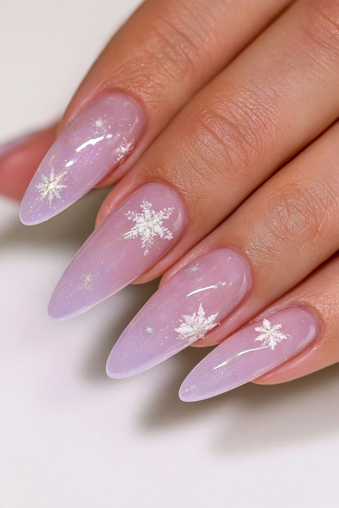 20 Glamorous Snowflake Nail Ideas to Sparkle Through Winter 18 Sheer jelly base with snowflakes