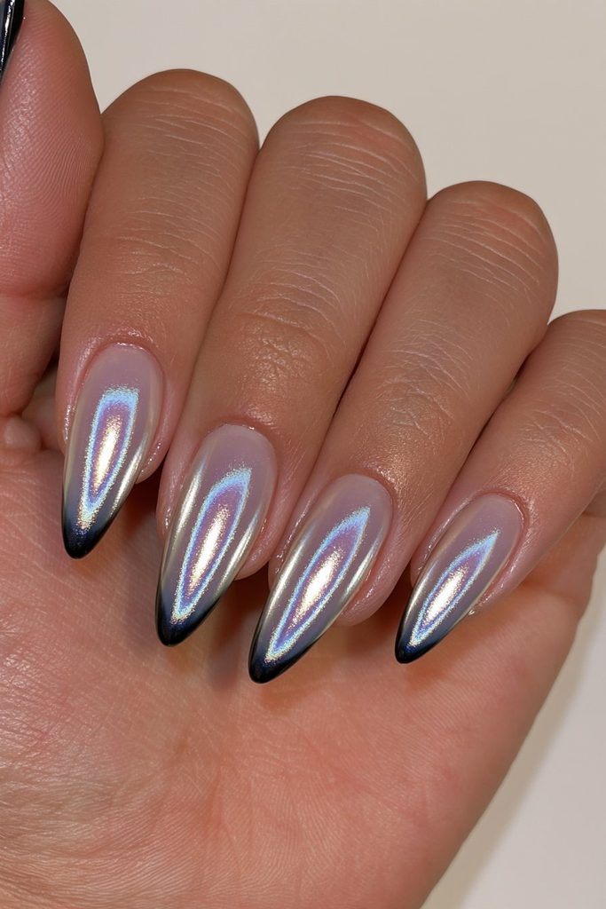 Silver black chrome ombré nails