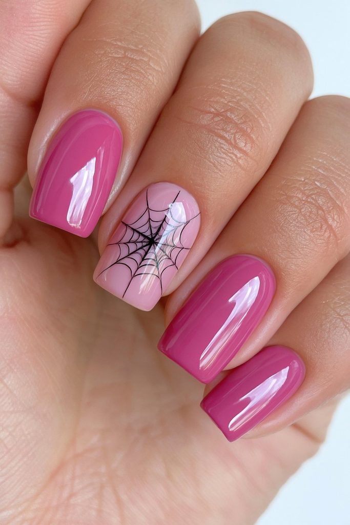 Single spiderweb accent on red nails