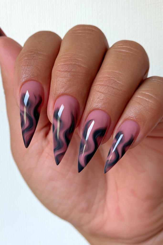 Smoke ribbon stiletto nails with flowing abstract wispy details
