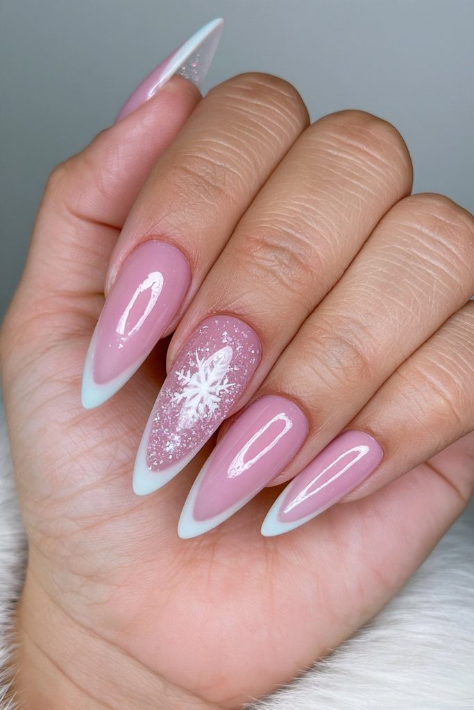 Snow globe nail design with wintery snowflake details and sparkle
