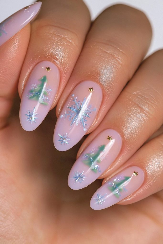 Snowflake Christmas tree white nails