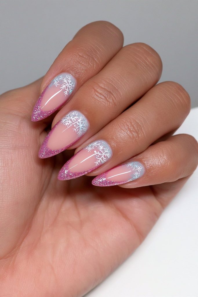 20 Glamorous Snowflake Nail Ideas to Sparkle Through Winter 14 Sparkling French tip snowflake nails