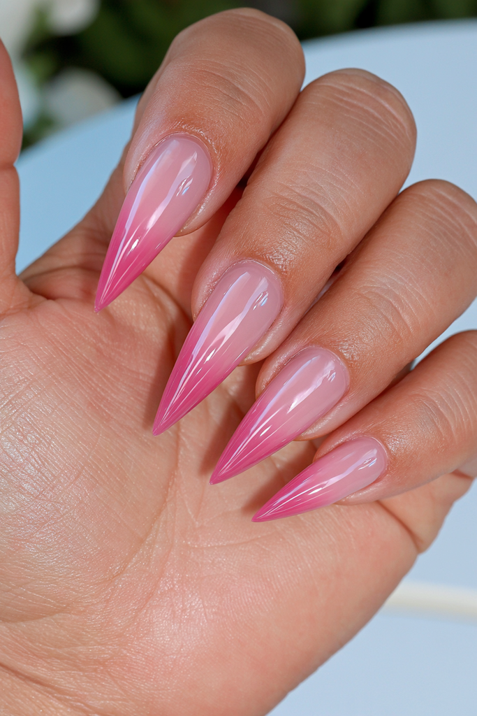 Tonal mauve ombré stiletto nails with seamless soft blending