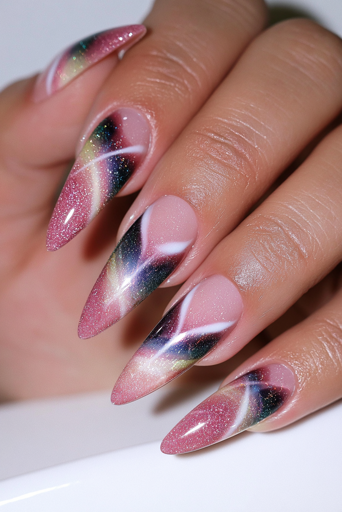 Velvety chrome nails with bold maximalist metallic dimension
