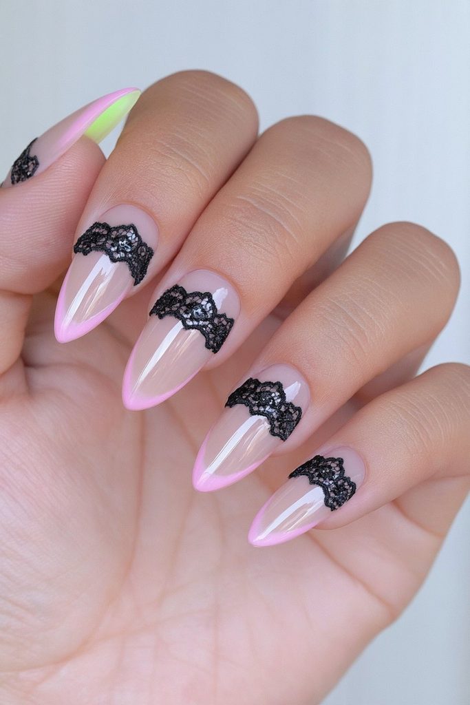 Victorian lace cuff almond nails