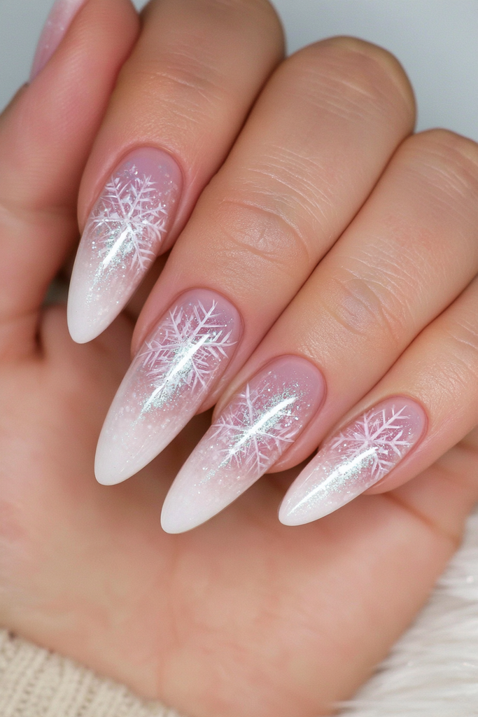 Icy blue geometric snowflake nail design