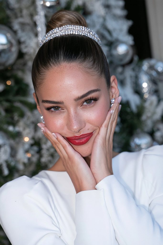 20 Christmas Wedding Hairstyles for Long Hair 12 Ballerina bun with crystal headpiece