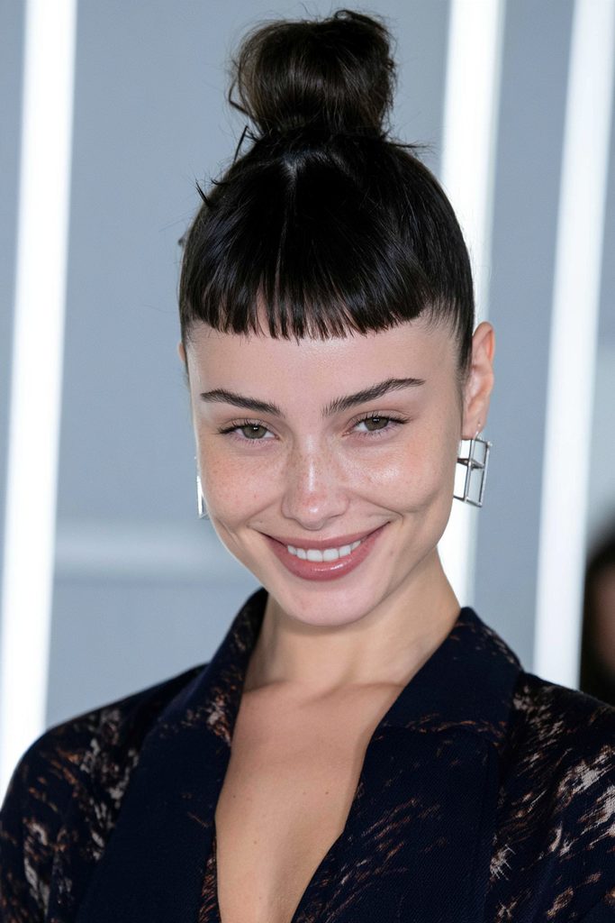 Beehive updo with micro fringe