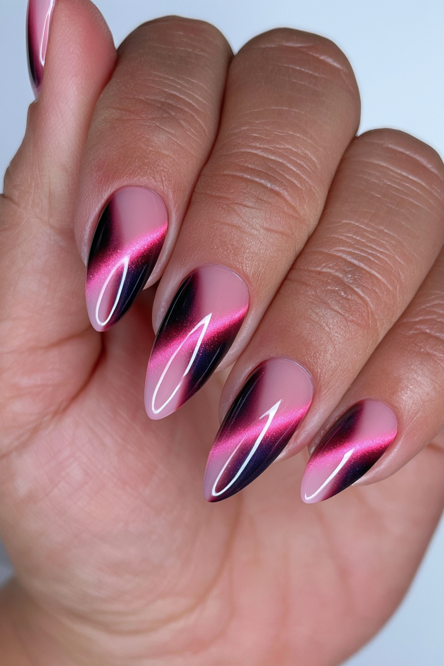 Black cherry cat-eye shimmer nails