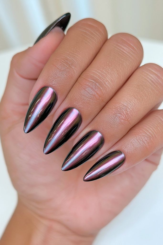 Black chrome cat-eye effect nails