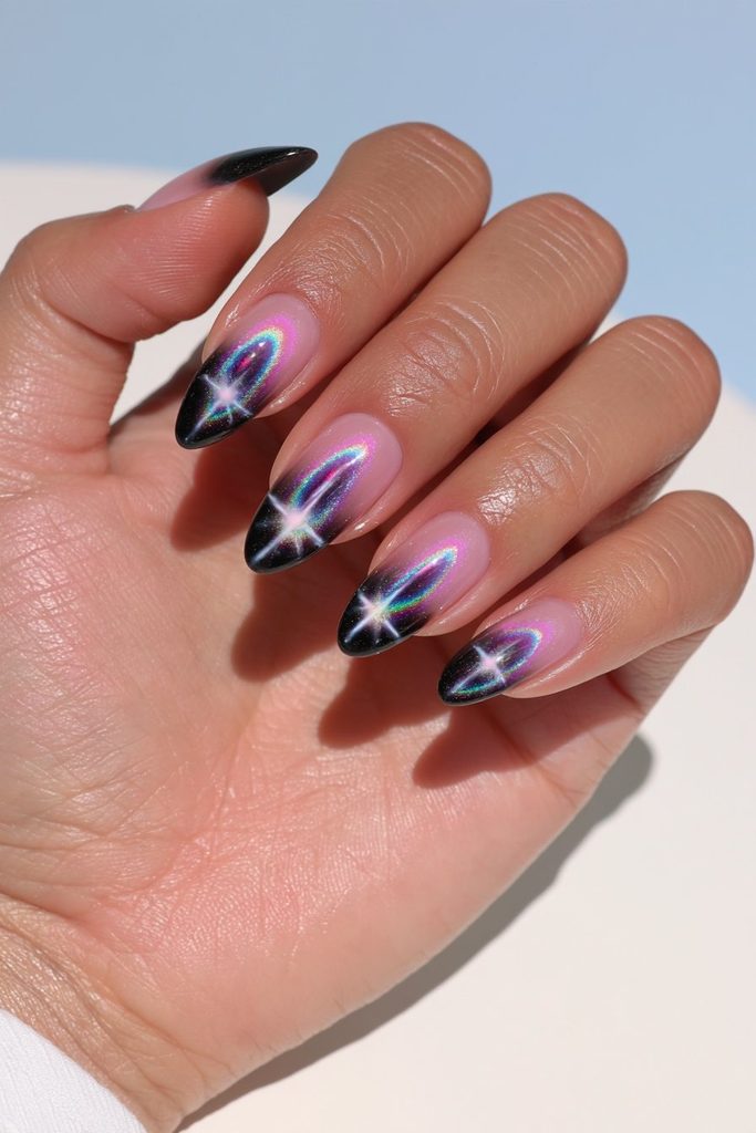 Black galaxy chameleon cat-eye nails