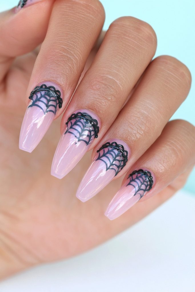 20 Spider Web Nail Ideas for a Spooky-Chic Halloween 17 Black lace spider web nails