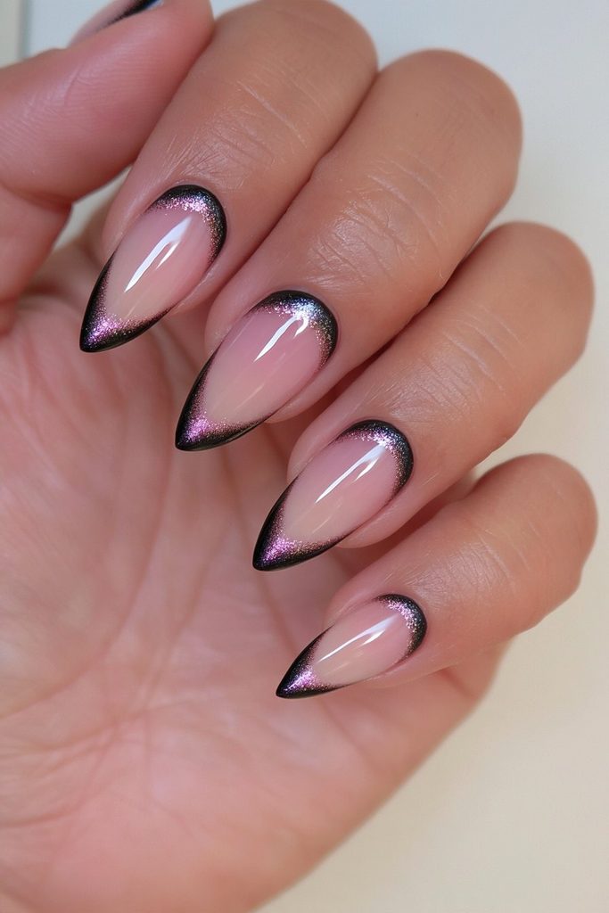 Black magnetic French tip nails