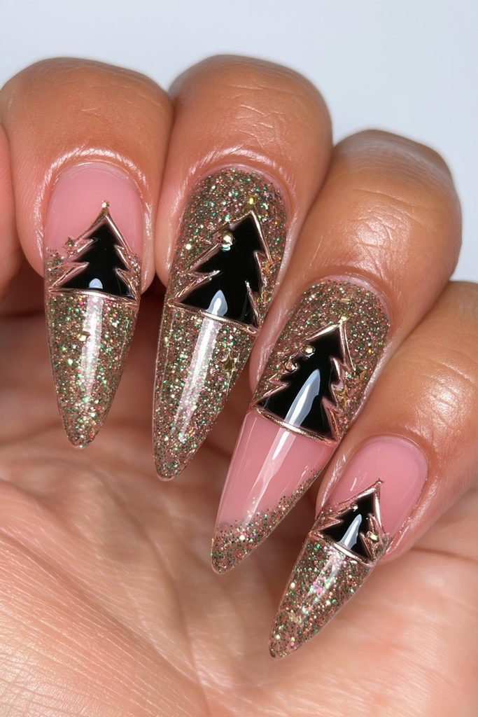 20 Green Glitter Christmas Tree Nails to Try This Season 13 Black gold tree glitter base