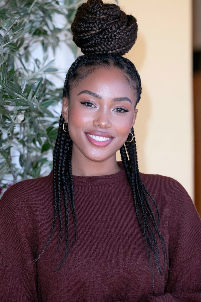 Box braid top knot bun