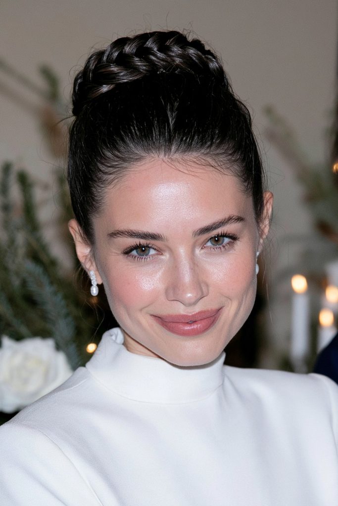 20 Christmas Wedding Hairstyles for Long Hair 15 Braided chignon Christmas bridal hairstyle