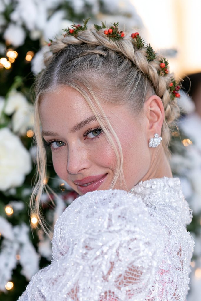 20 Christmas Wedding Hairstyles for Long Hair 3 Braided crown with winter greenery