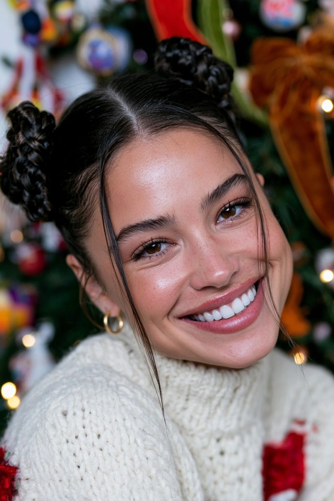 Braided low space buns festive hairstyle