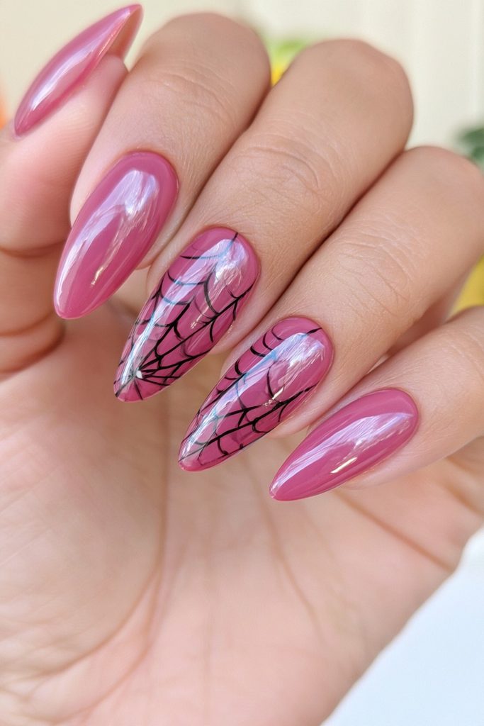 20 Spider Web Nail Ideas for a Spooky-Chic Halloween 6 Burgundy almond spider web nails