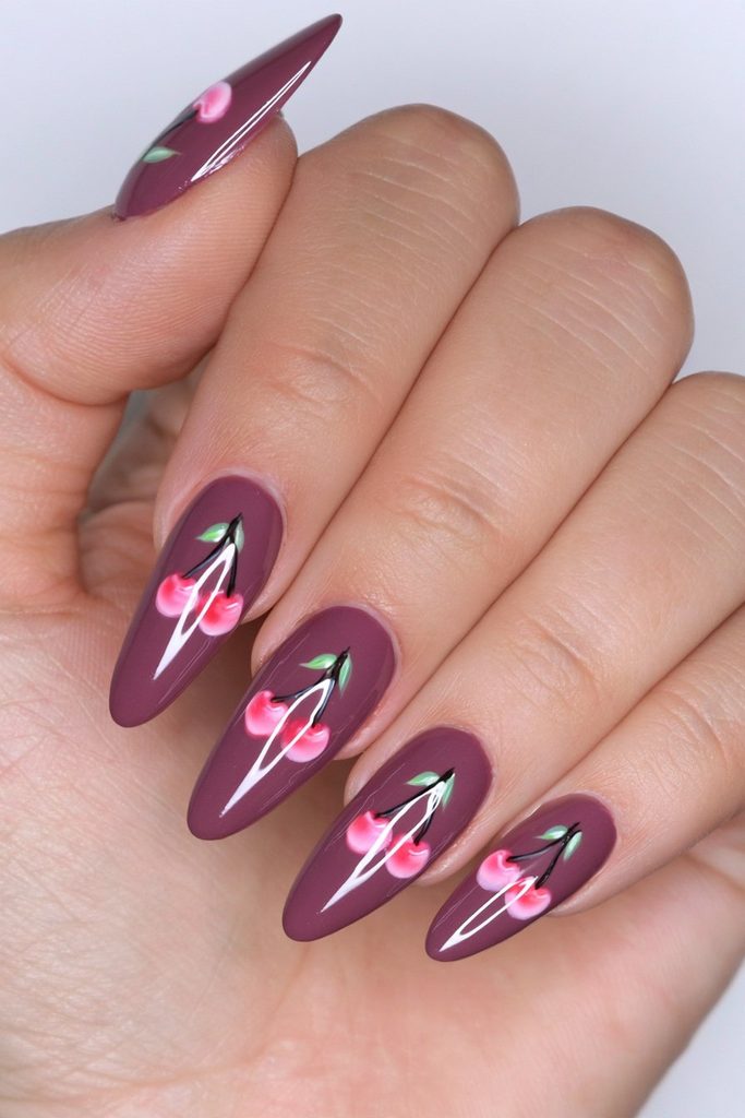 Burgundy cherry accent nail art