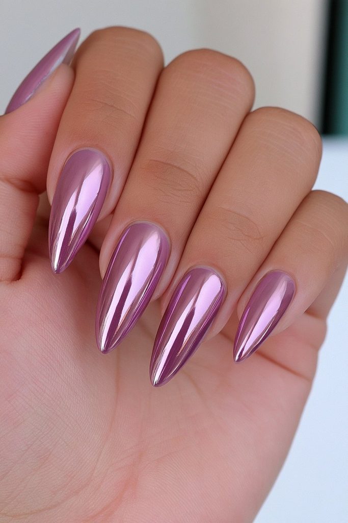 Shiny burgundy chrome finish nails