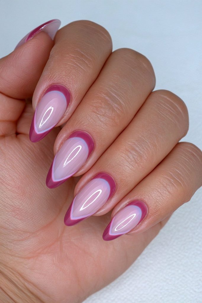 Burgundy French sheer blush nails