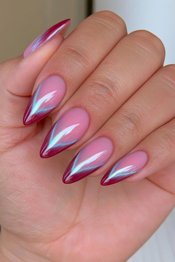 Burgundy velvet cat-eye effect nails