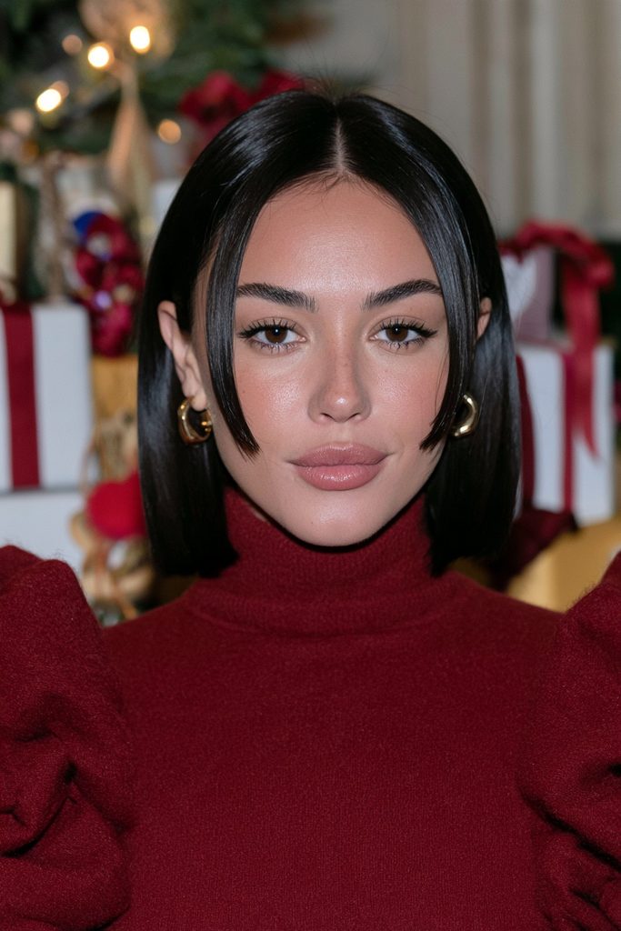 Chin-length bob curtain bangs hairstyle