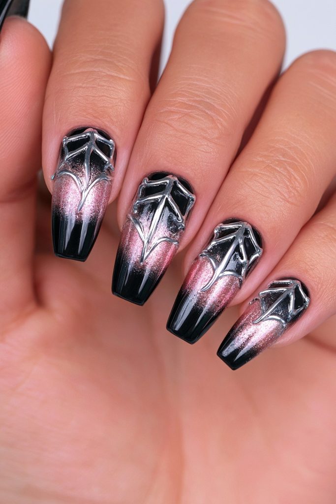 20 Spider Web Nail Ideas for a Spooky-Chic Halloween 4 Chrome spider web metallic nails
