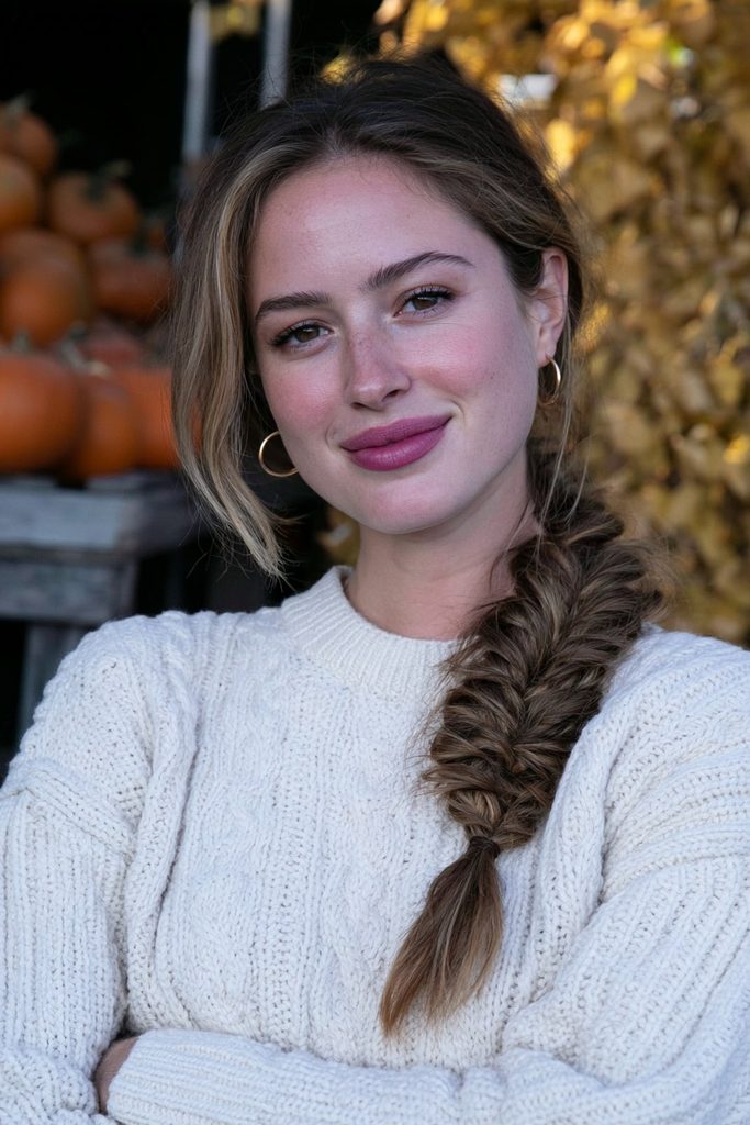 22 Easy Pumpkin Patch Hairstyles That Feel Cozy 2 Chunky side braid fall hairstyle