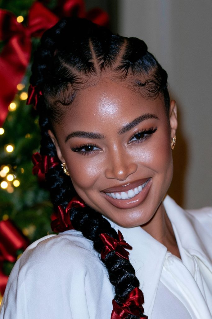 Criss-cross ponytail with festive bows