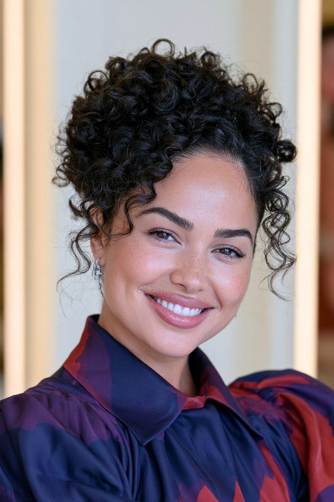 Curly beehive voluminous updo hairstyle