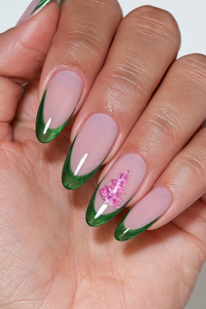 20 Green Glitter Christmas Tree Nails to Try This Season 6 Dark green glass French tree