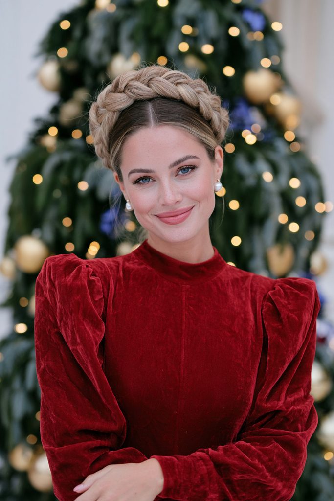 Dutch braid crown Christmas long hairstyle