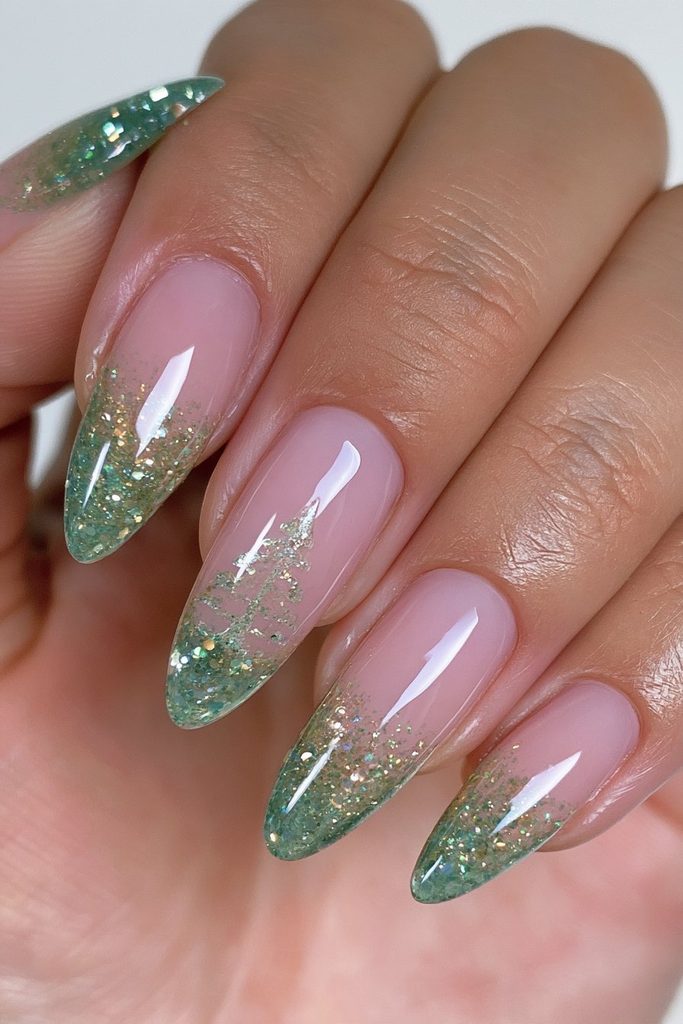 20 Green Glitter Christmas Tree Nails to Try This Season 1 Emerald glitter gradient tree accent nails
