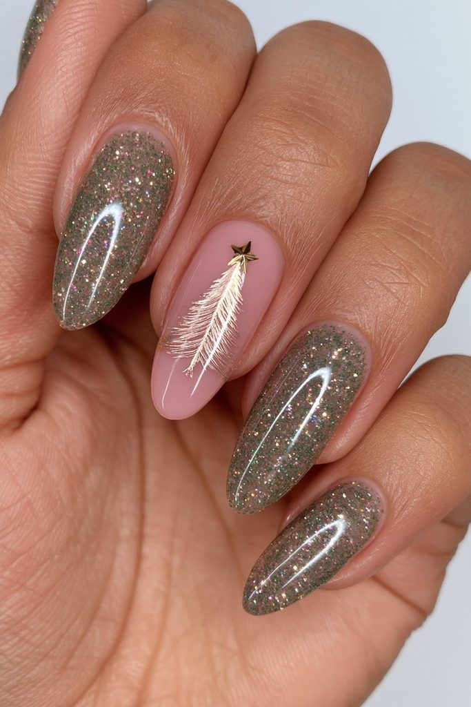 20 Green Glitter Christmas Tree Nails to Try This Season 3 Pine glitter gold foil tree