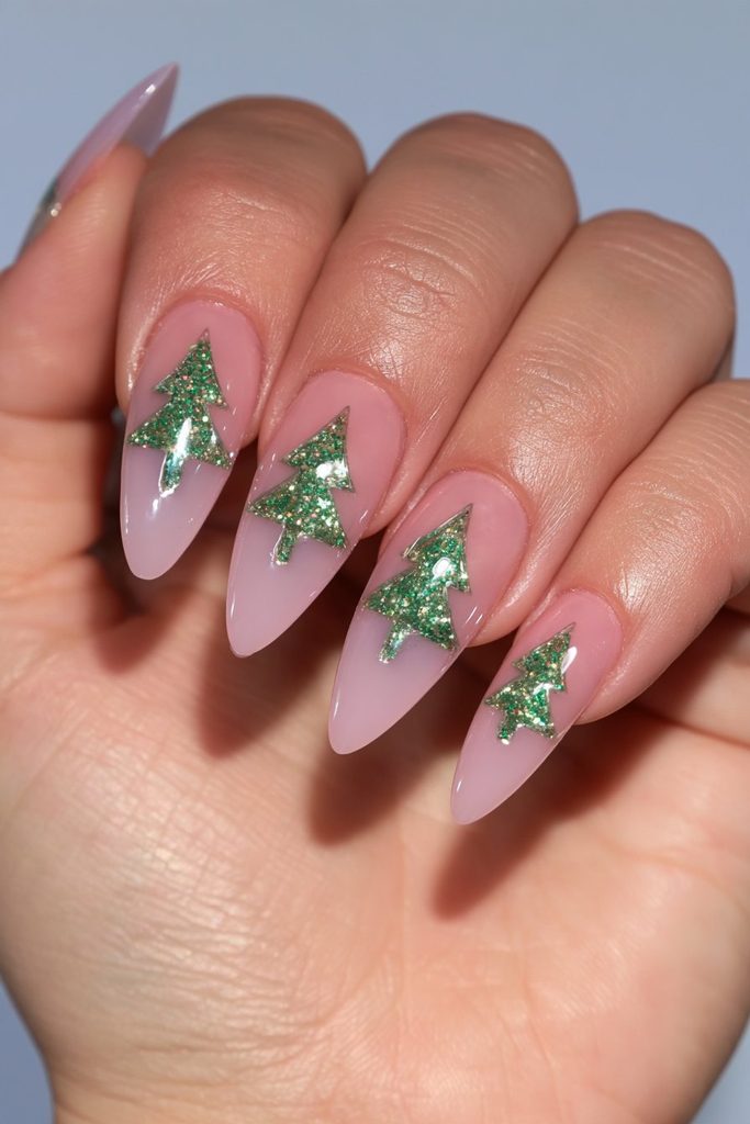 20 Green Glitter Christmas Tree Nails to Try This Season 10 Negative space glitter Christmas tree
