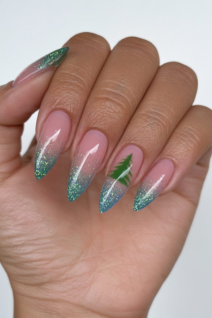 20 Green Glitter Christmas Tree Nails to Try This Season 4 Glitter ombré tree silhouette nails