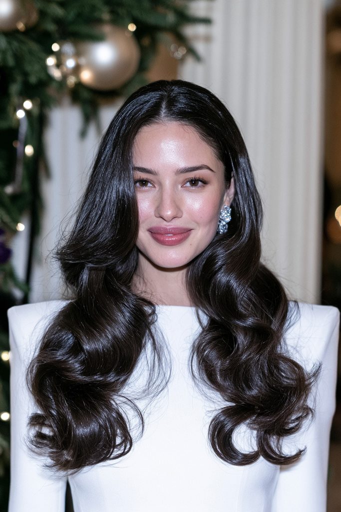 20 Christmas Wedding Hairstyles for Long Hair 1 Glossy Hollywood waves Christmas wedding hairstyle