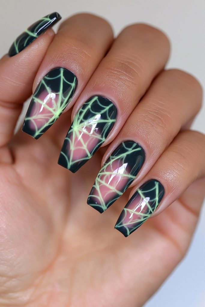 20 Spider Web Nail Ideas for a Spooky-Chic Halloween 19 Glow-in-the-dark spider web nails