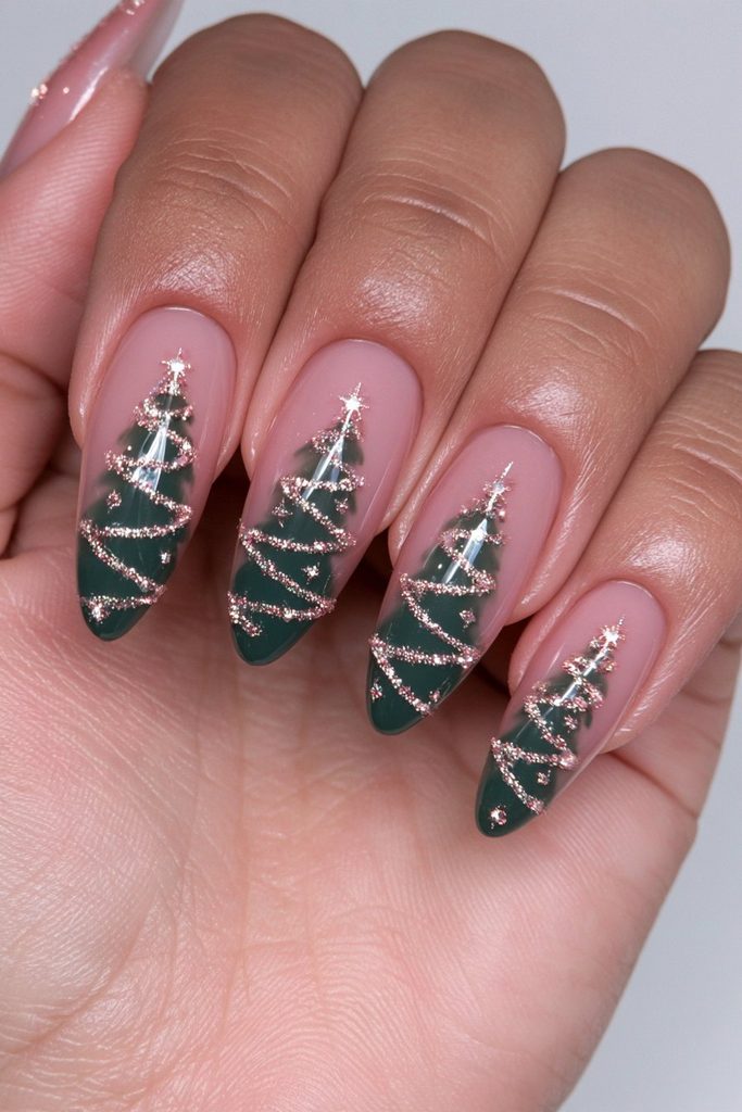 20 Green Glitter Christmas Tree Nails to Try This Season 5 Gold garland zigzag Christmas trees