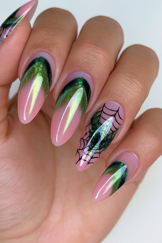 20 Spider Web Nail Ideas for a Spooky-Chic Halloween 12 Green cat-eye spider web nails